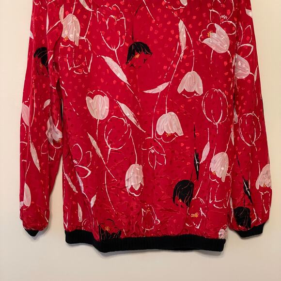 Vintage M long sleeve button up blouse tulip floral polka dot AOP red white - Picture 8 of 8